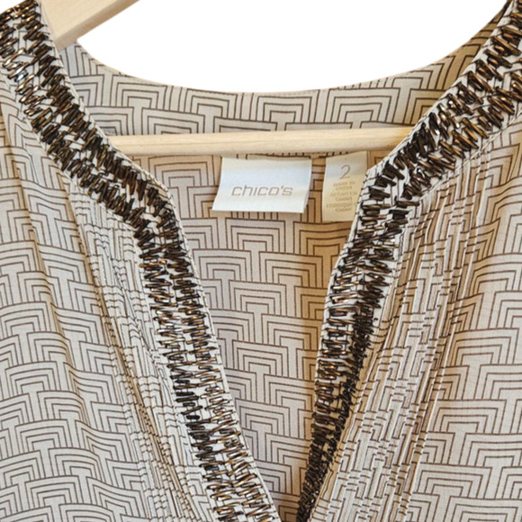 Chico's Women's Tunic Blouse VNeck Beaded Rolled Sleeves Brown Size 2 (Large) - Picture 3 of 10
